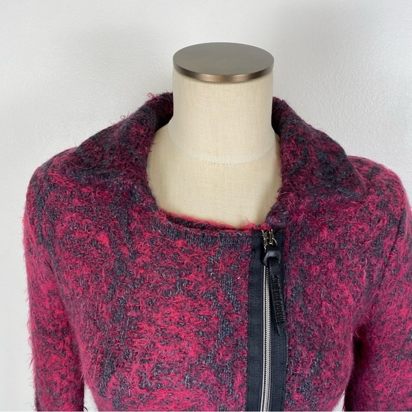 Save The Queen Zip Up Cardigan Size S Moto Alpaca Blend Burgundy Black - Picture 2 of 15